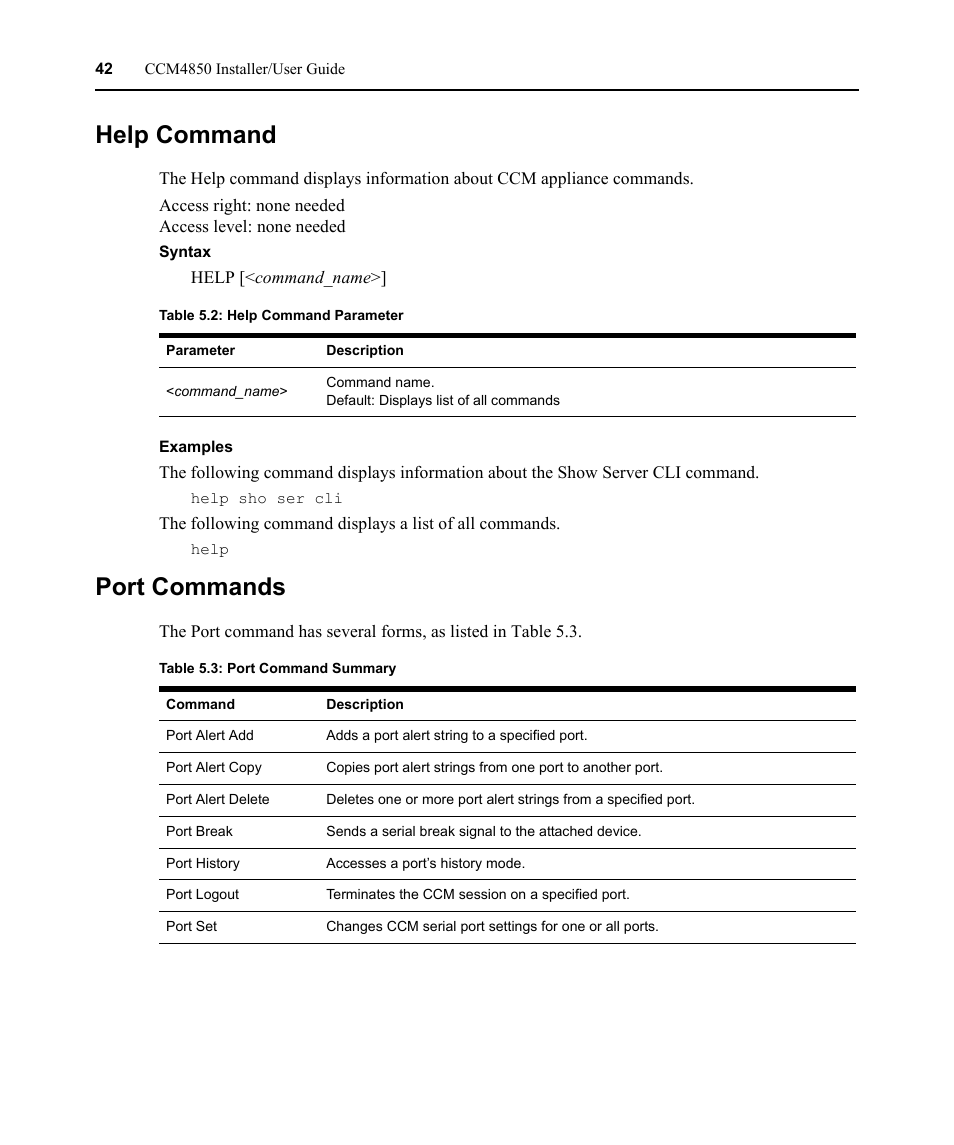 Help command, Port commands, Help command port commands | Table 5.2: help command parameter, Table 5.3: port command summary | Avocent CCM4850 User Manual | Page 54 / 100