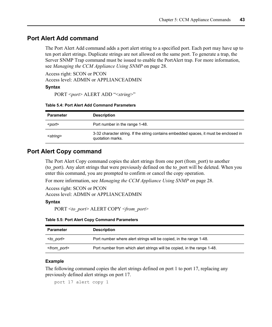 Port alert add command, Port alert copy command, Port alert add command port alert copy command | Table 5.4: port alert add command parameters, Table 5.5: port alert copy command parameters | Avocent CCM4850 User Manual | Page 55 / 100