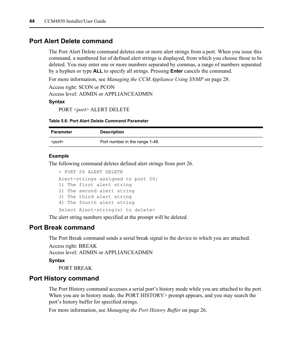 Port alert delete command, Port break command, Port history command | Table 5.6: port alert delete command parameter | Avocent CCM4850 User Manual | Page 56 / 100