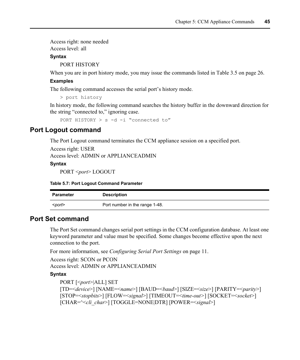 Port logout command, Port set command, Port logout command port set command | Table 5.7: port logout command parameter | Avocent CCM4850 User Manual | Page 57 / 100