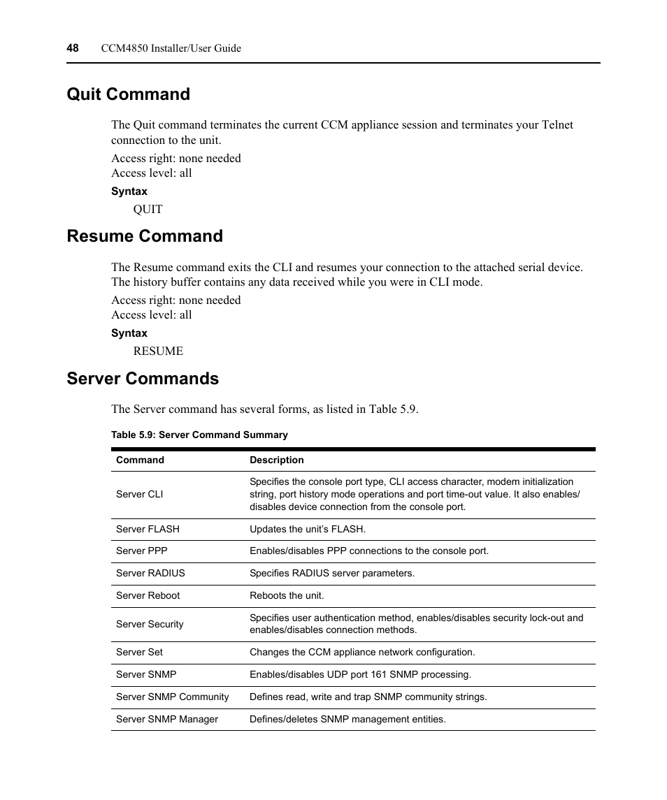 Quit command, Resume command, Server commands | Quit command resume command server commands, Table 5.9: server command summary | Avocent CCM4850 User Manual | Page 60 / 100