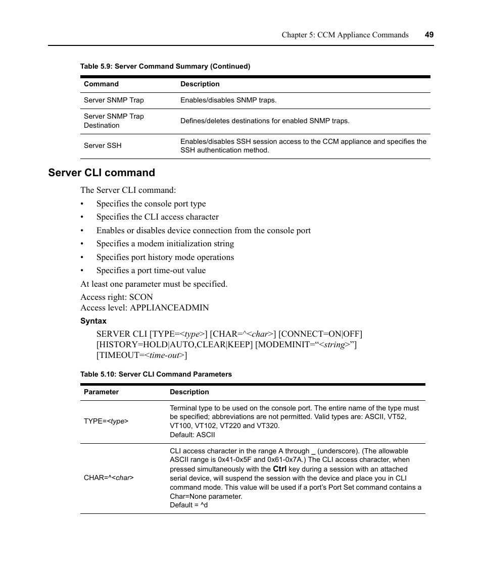 Server cli command, Table 5.10: server cli command parameters | Avocent CCM4850 User Manual | Page 61 / 100