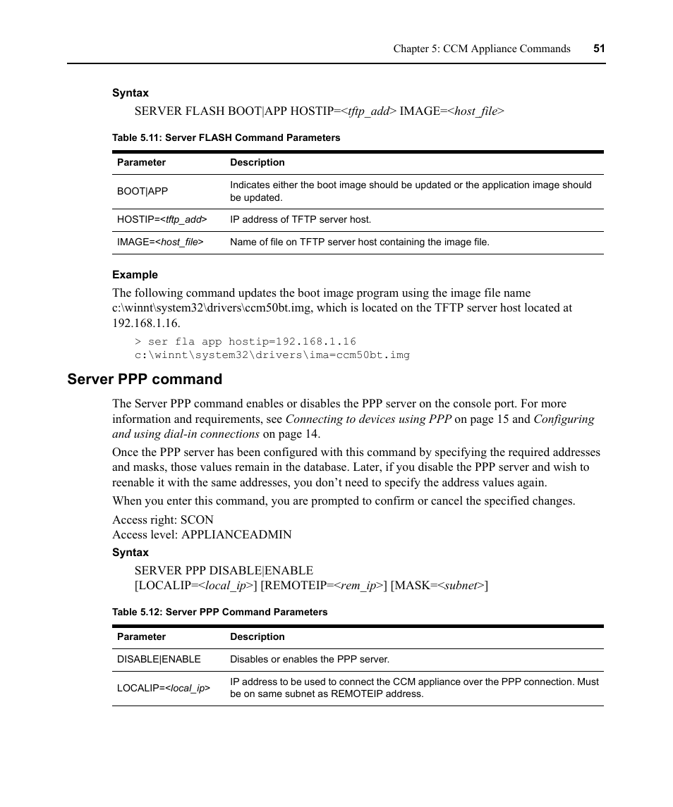 Server ppp command, Table 5.11: server flash command parameters, Table 5.12: server ppp command parameters | Avocent CCM4850 User Manual | Page 63 / 100