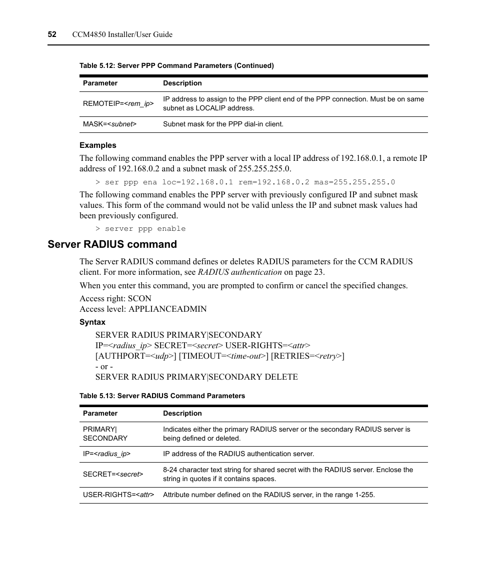 Server radius command, Table 5.13: server radius command parameters | Avocent CCM4850 User Manual | Page 64 / 100