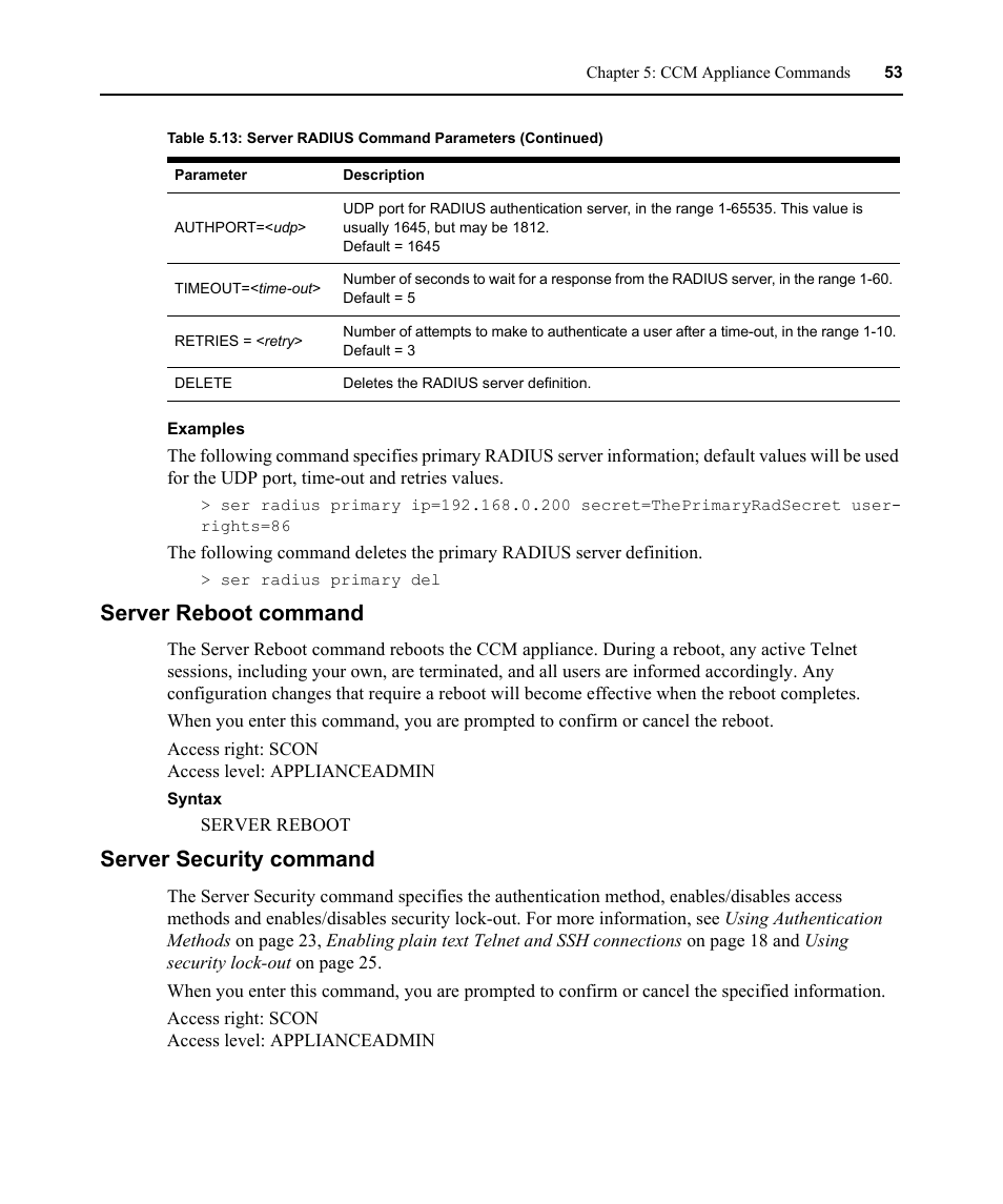 Server reboot command, Server security command, Server reboot command server security command | Avocent CCM4850 User Manual | Page 65 / 100