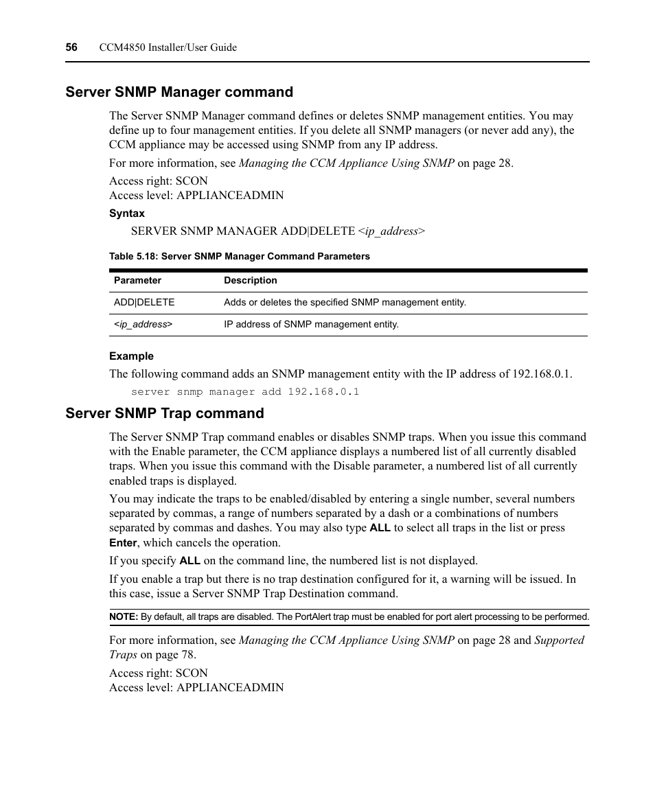 Server snmp manager command, Server snmp trap command, Table 5.18: server snmp manager command parameters | Avocent CCM4850 User Manual | Page 68 / 100