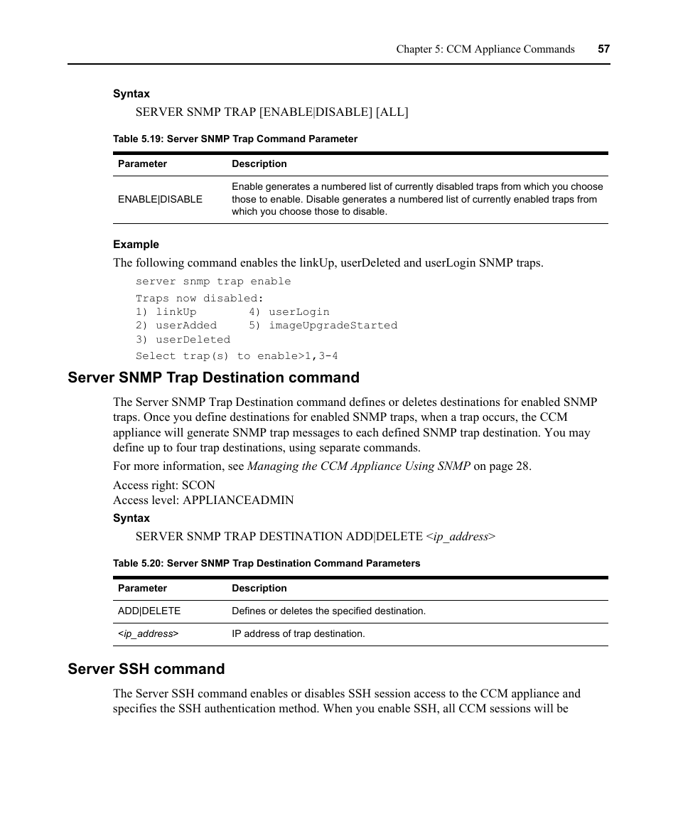 Server snmp trap destination command, Server ssh command, Table 5.19: server snmp trap command parameter | Avocent CCM4850 User Manual | Page 69 / 100