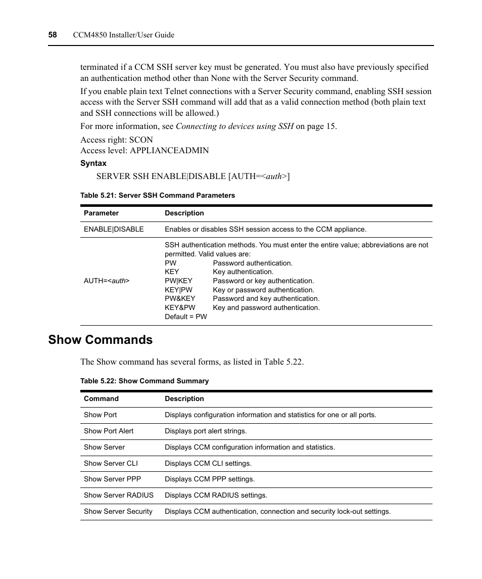 Show commands, Table 5.21: server ssh command parameters, Table 5.22: show command summary | Avocent CCM4850 User Manual | Page 70 / 100