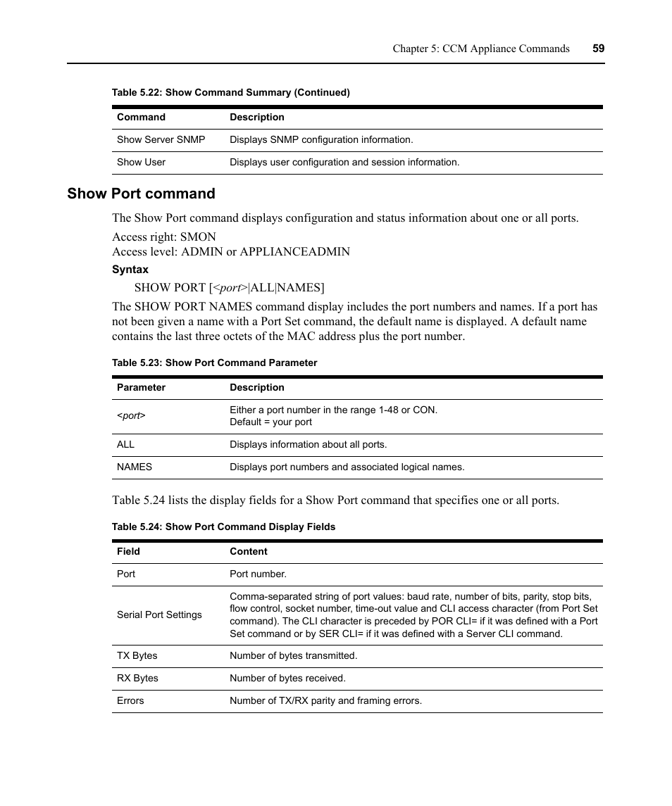 Show port command, Table 5.23: show port command parameter, Table 5.24: show port command display fields | Avocent CCM4850 User Manual | Page 71 / 100