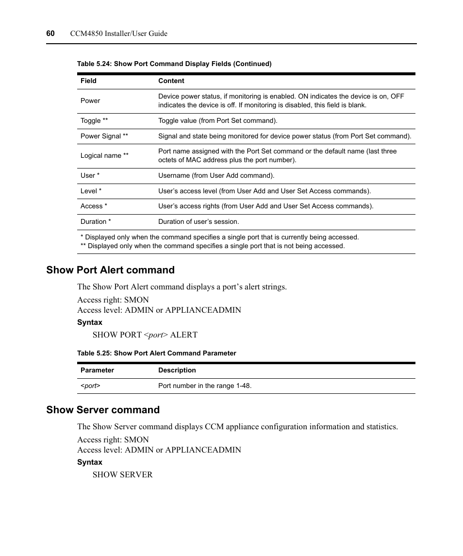 Show port alert command, Show server command, Show port alert command show server command | Table 5.25: show port alert command parameter | Avocent CCM4850 User Manual | Page 72 / 100