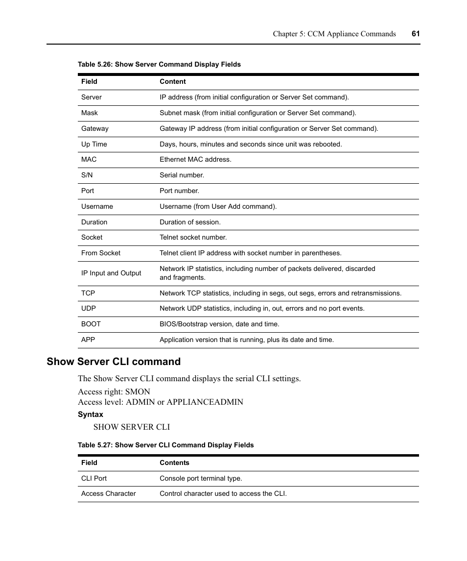 Show server cli command, Table 5.26: show server command display fields, Table 5.27: show server cli command display fields | Avocent CCM4850 User Manual | Page 73 / 100