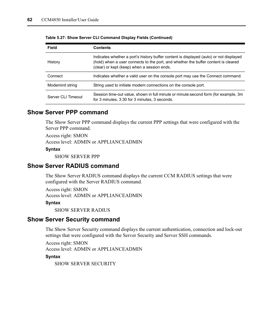 Show server ppp command, Show server radius command, Show server security command | Avocent CCM4850 User Manual | Page 74 / 100