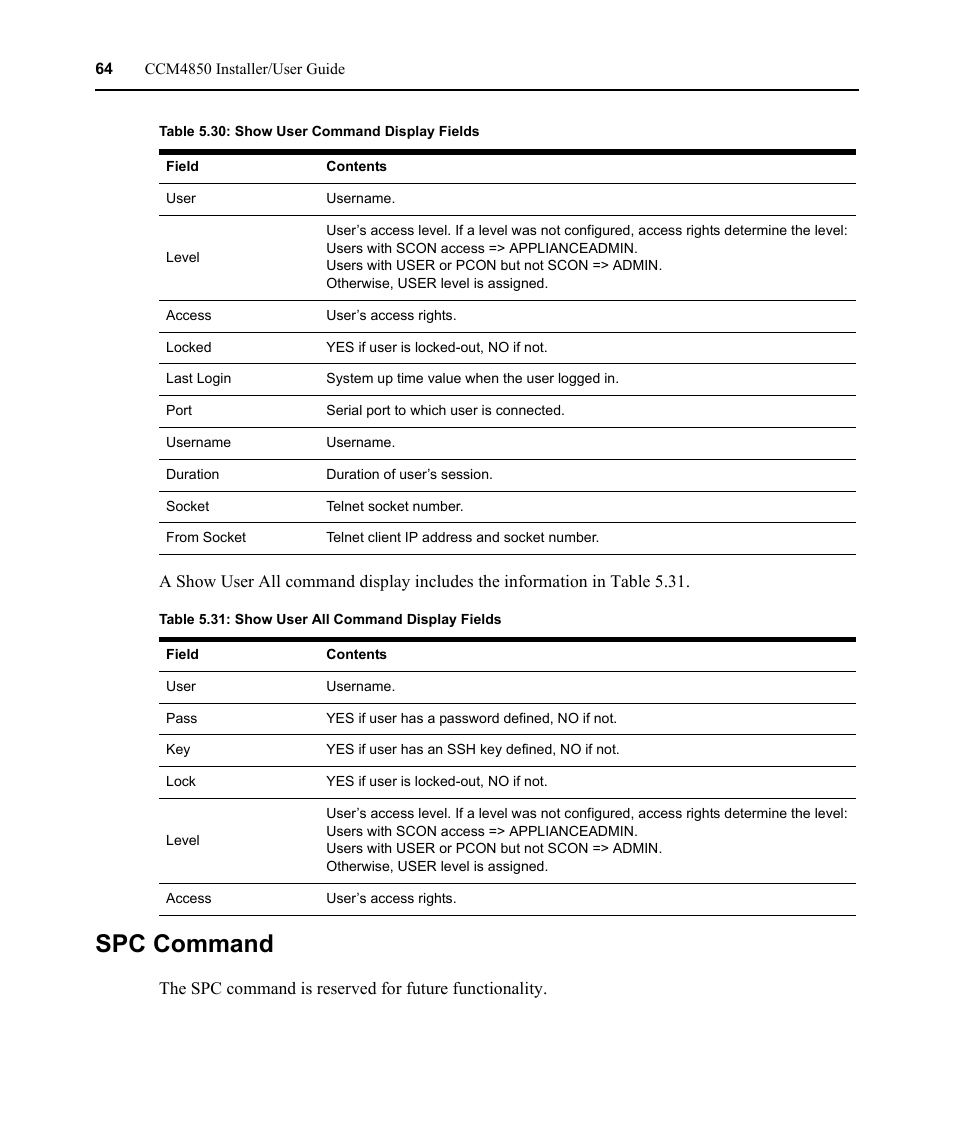 Spc command, Table 5.31: show user all command display fields | Avocent CCM4850 User Manual | Page 76 / 100