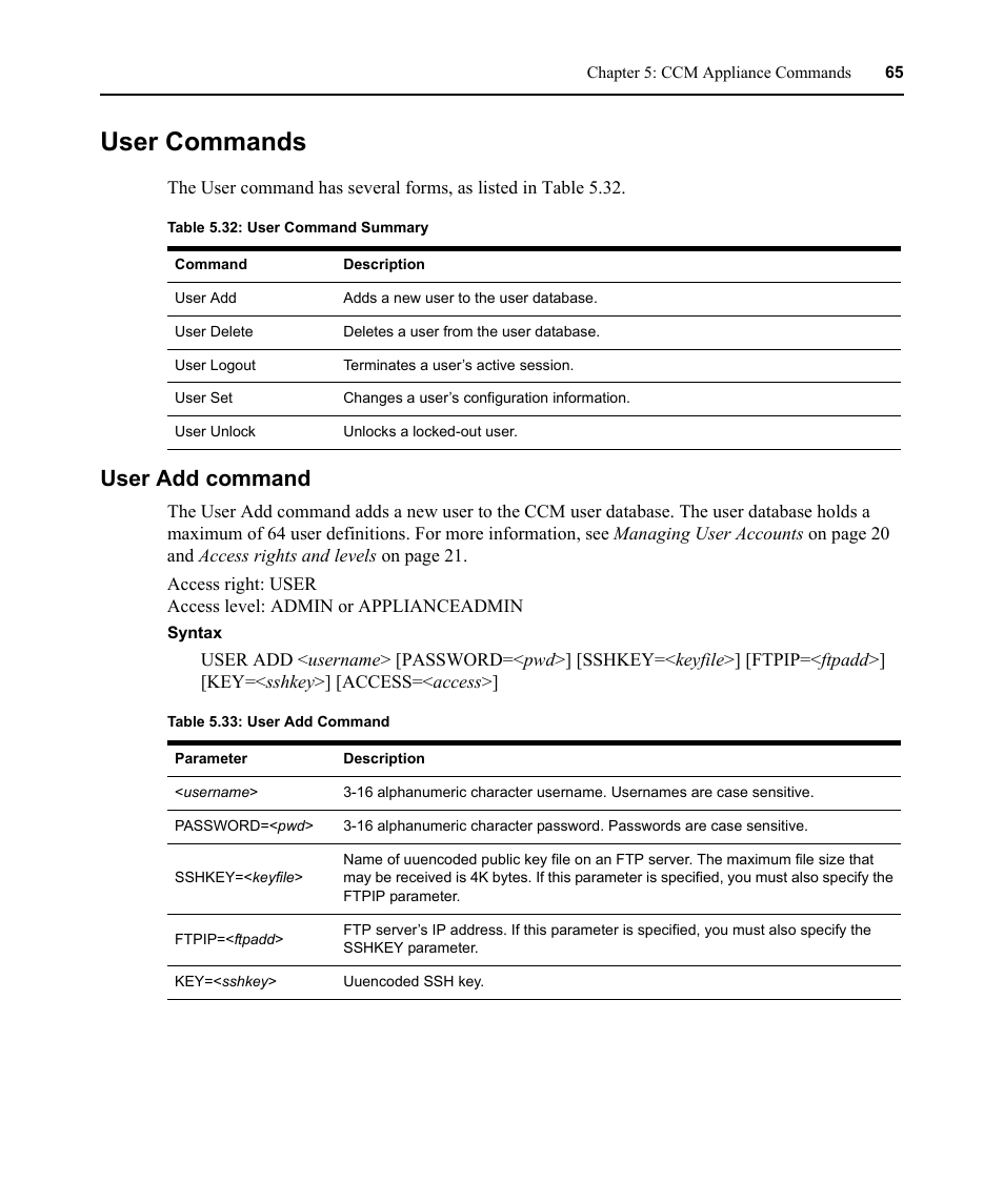 User commands, User add command, Table 5.32: user command summary | Table 5.33: user add command | Avocent CCM4850 User Manual | Page 77 / 100
