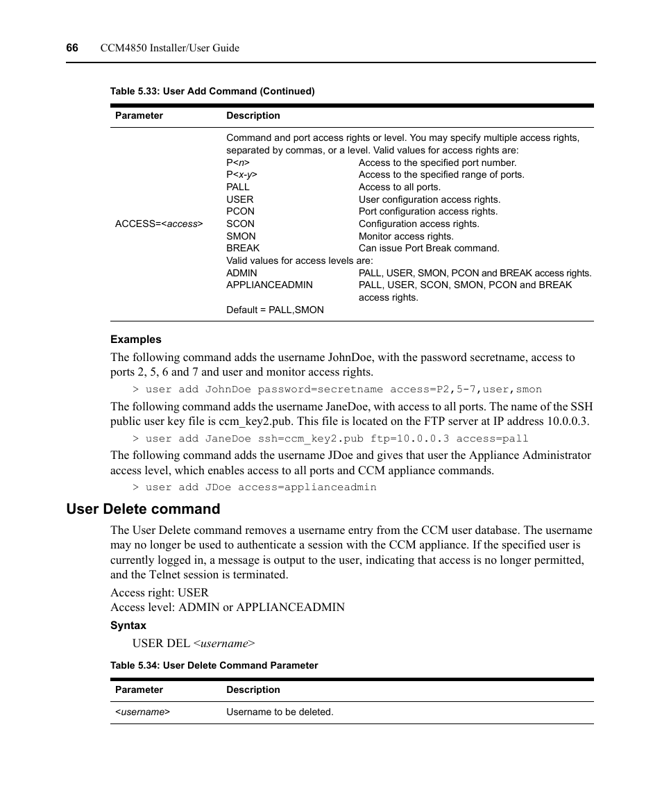 User delete command, Table 5.34: user delete command parameter | Avocent CCM4850 User Manual | Page 78 / 100