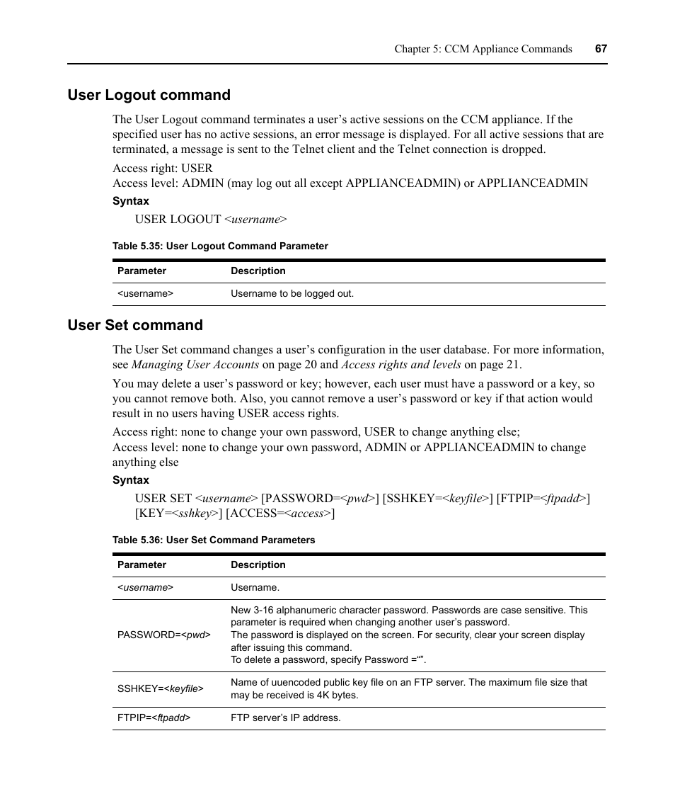 User logout command, User set command, User logout command user set command | Table 5.35: user logout command parameter, Table 5.36: user set command parameters | Avocent CCM4850 User Manual | Page 79 / 100