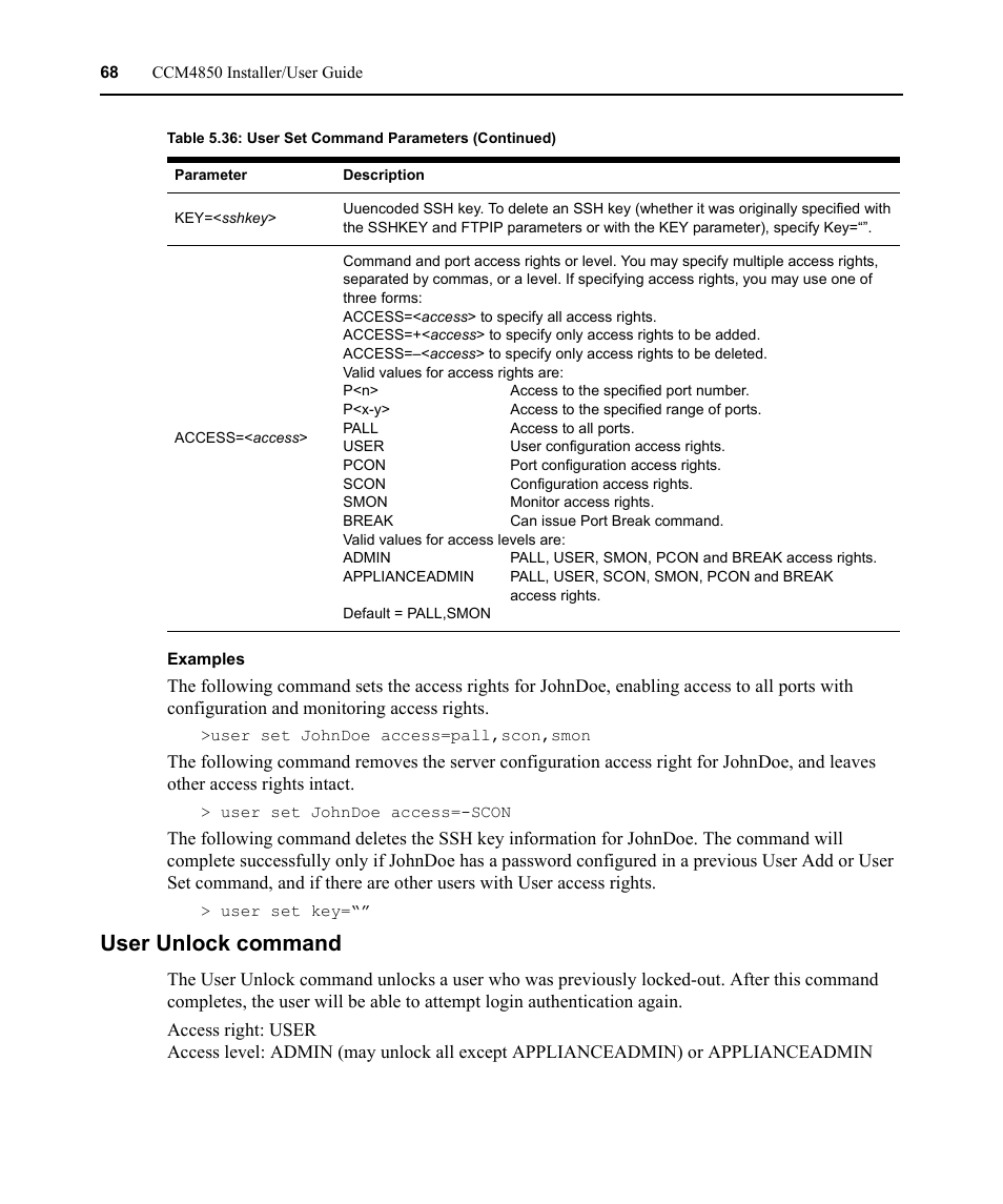 User unlock command | Avocent CCM4850 User Manual | Page 80 / 100