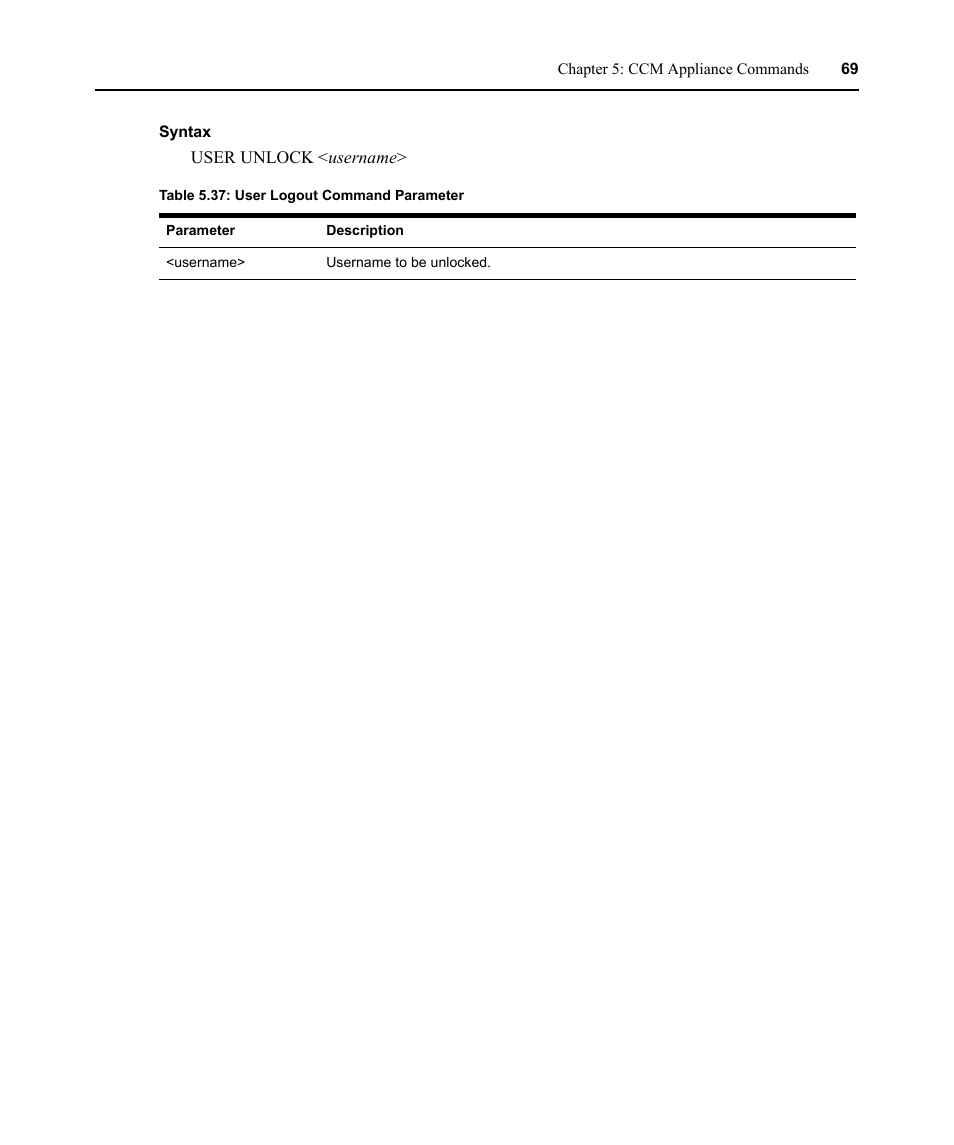 Table 5.37: user logout command parameter | Avocent CCM4850 User Manual | Page 81 / 100