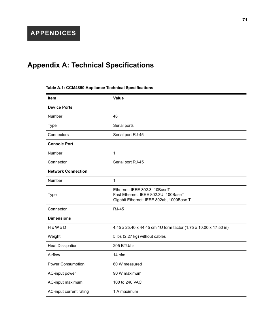 Appendices, Appendix a: technical specifications | Avocent CCM4850 User Manual | Page 83 / 100