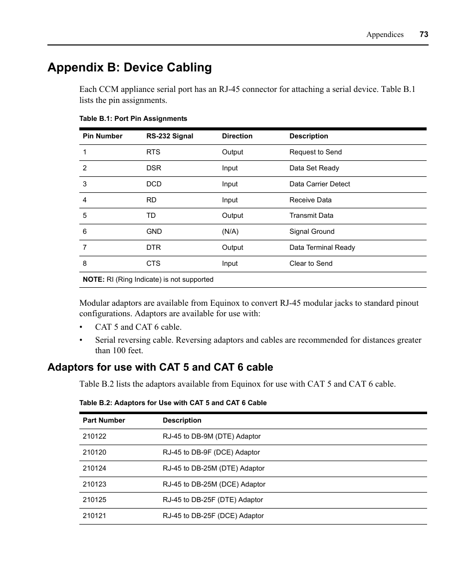 Appendix b: device cabling, Adaptors for use with cat 5 and cat 6 cable, Table b.1: port pin assignments | Avocent CCM4850 User Manual | Page 85 / 100