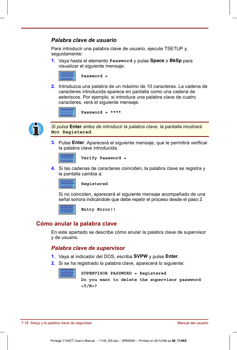 Cómo anular la palabra clave -18, Cómo anular la palabra clave | Toshiba Portege 7140 User Manual | Page 104 / 204