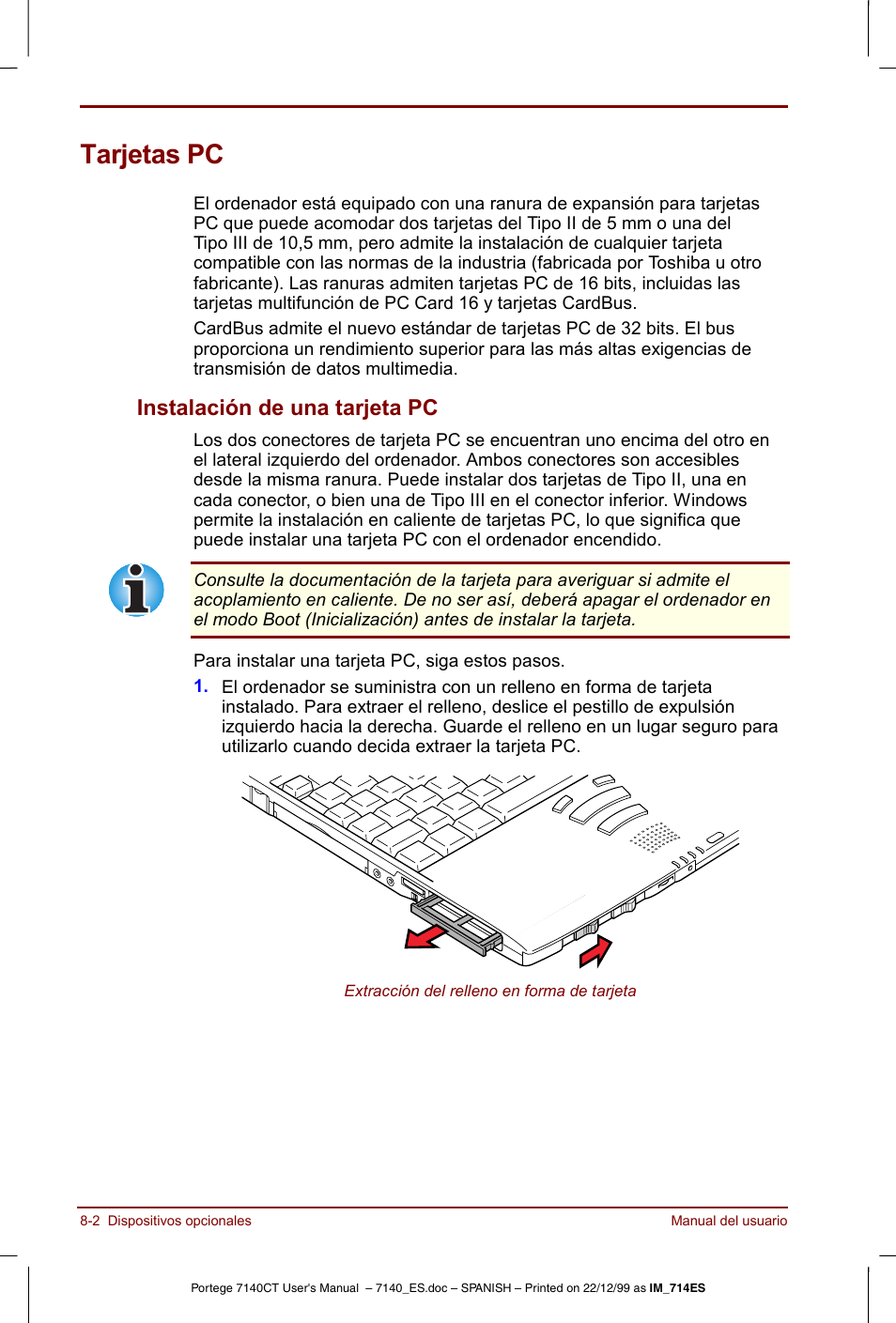 Tarjetas pc, Tarjetas pc -2, Instalación de una tarjeta pc -2 | Instalación de una tarjeta pc | Toshiba Portege 7140 User Manual | Page 112 / 204