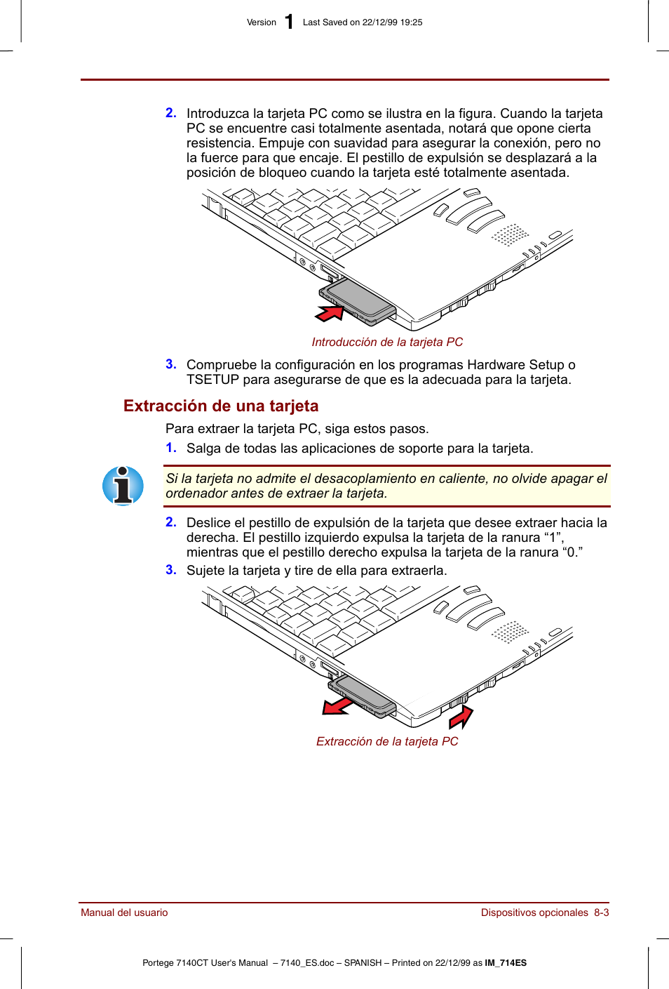 Extracción de una tarjeta -3, Extracción de una tarjeta | Toshiba Portege 7140 User Manual | Page 113 / 204