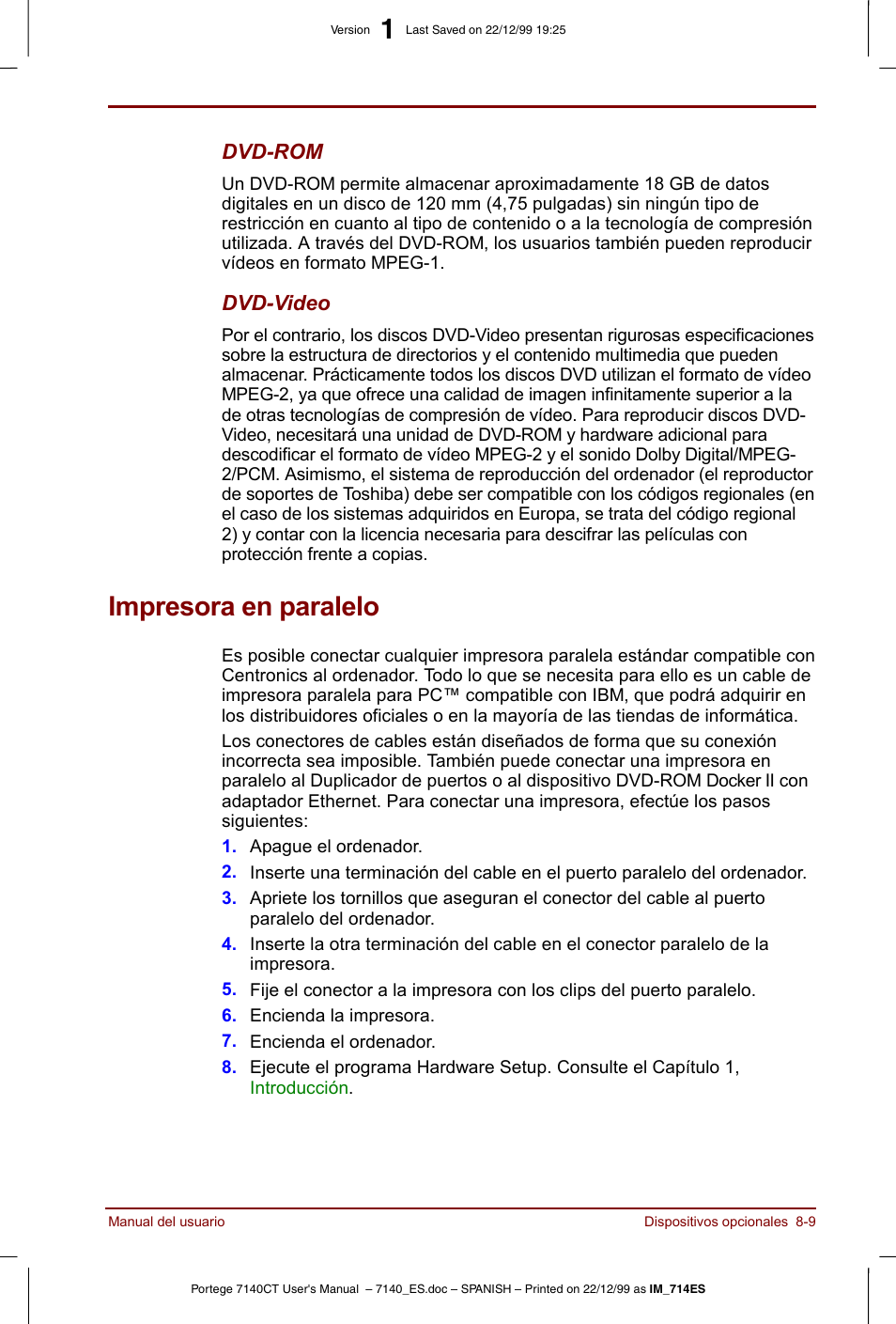 Impresora en paralelo, Impresora en paralelo -9 | Toshiba Portege 7140 User Manual | Page 119 / 204
