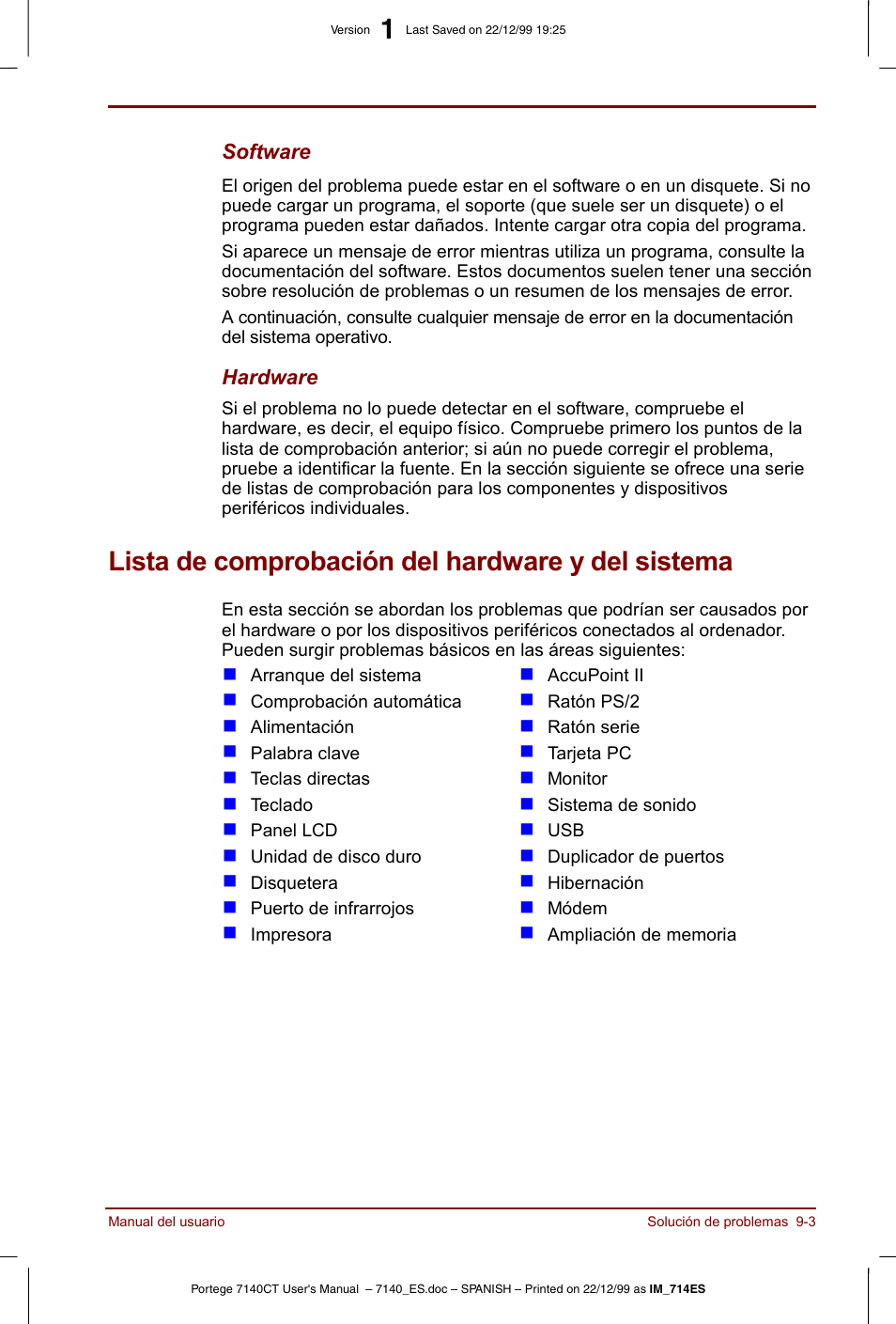 Lista de comprobación del hardware y del sistema | Toshiba Portege 7140 User Manual | Page 125 / 204