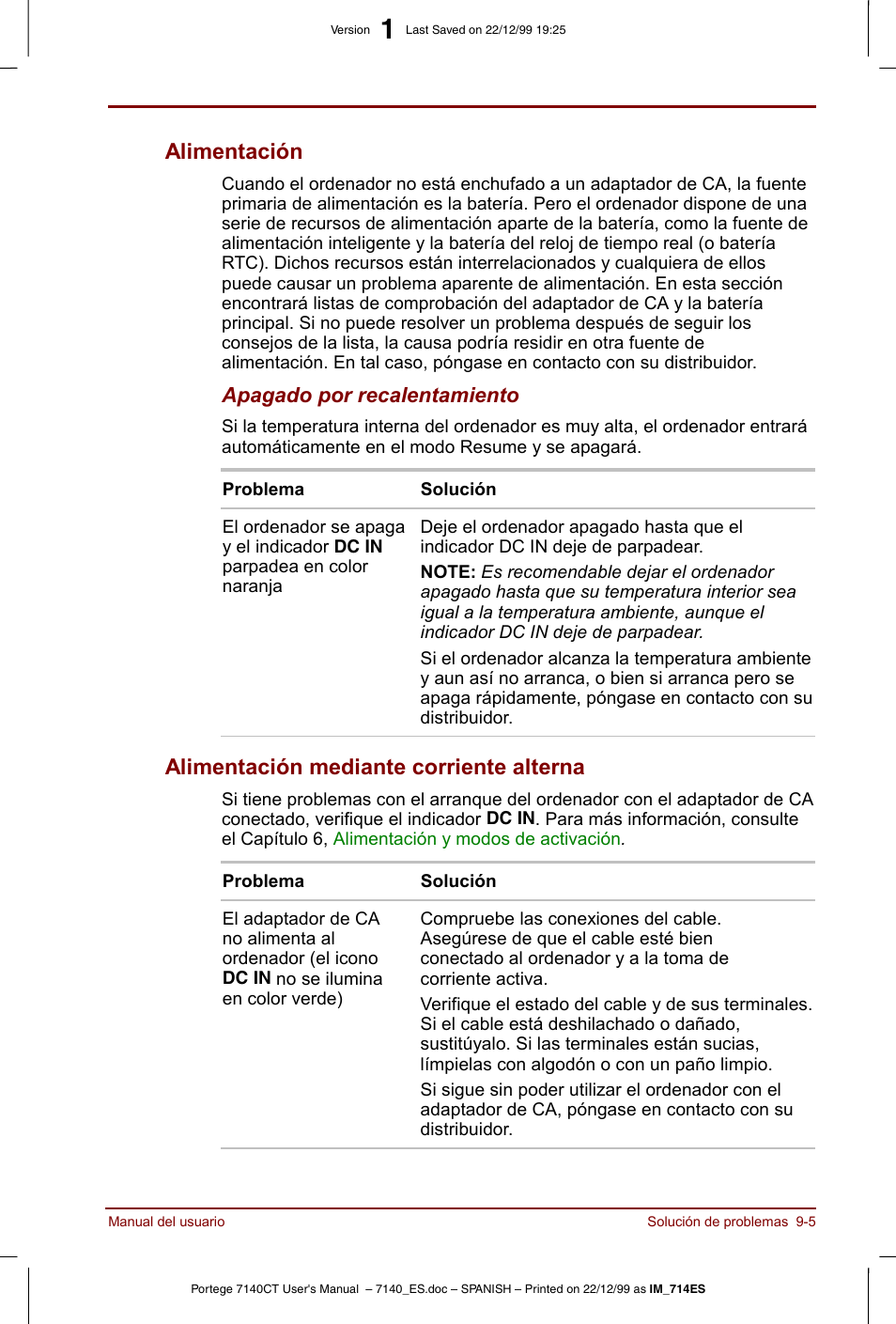 Alimentación, Alimentación mediante corriente alterna | Toshiba Portege 7140 User Manual | Page 127 / 204