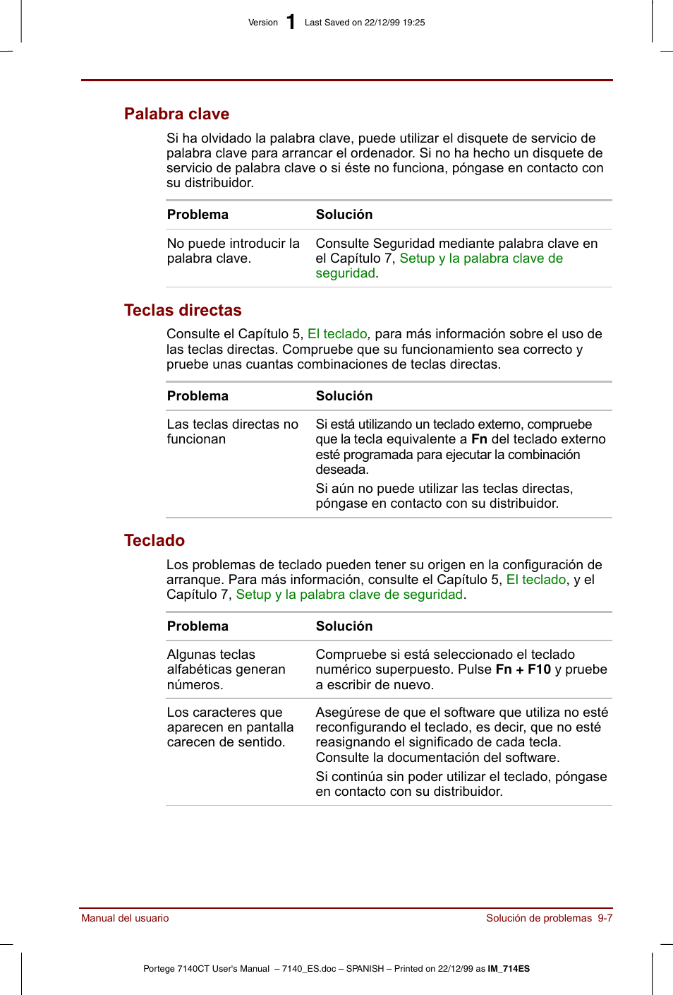 Palabra clave -7 teclas directas -7 teclado -7, Palabra clave, Teclas directas | Teclado | Toshiba Portege 7140 User Manual | Page 129 / 204