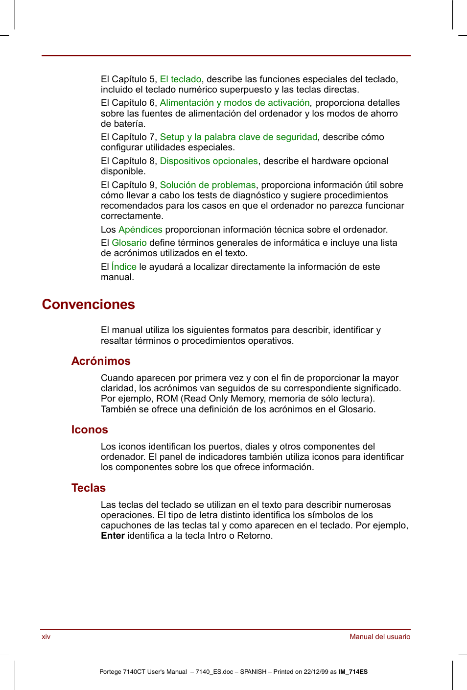 Convenciones, Acrónimos, Iconos | Teclas | Toshiba Portege 7140 User Manual | Page 14 / 204