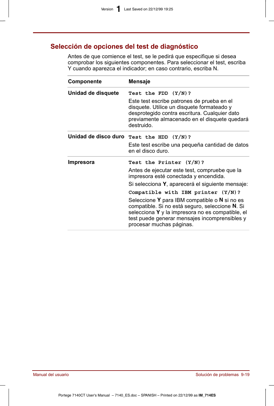 Selección de opciones del test de diagnóstico -19, Selección de opciones del test de diagnóstico | Toshiba Portege 7140 User Manual | Page 141 / 204