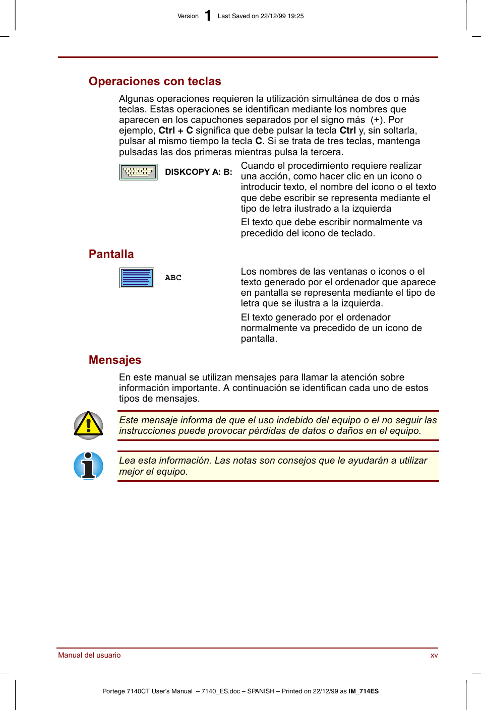 Operaciones con teclas, Pantalla, Mensajes | Toshiba Portege 7140 User Manual | Page 15 / 204