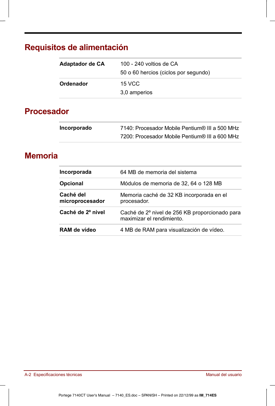 Requisitos de alimentación, Procesador | Toshiba Portege 7140 User Manual | Page 150 / 204