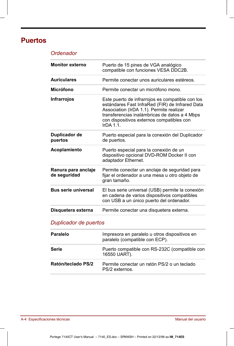 Puertos | Toshiba Portege 7140 User Manual | Page 152 / 204