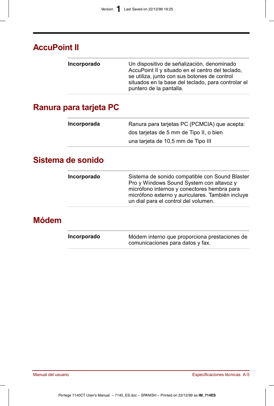 Accupoint ii, Ranura para tarjeta pc, Sistema de sonido | Módem | Toshiba Portege 7140 User Manual | Page 153 / 204