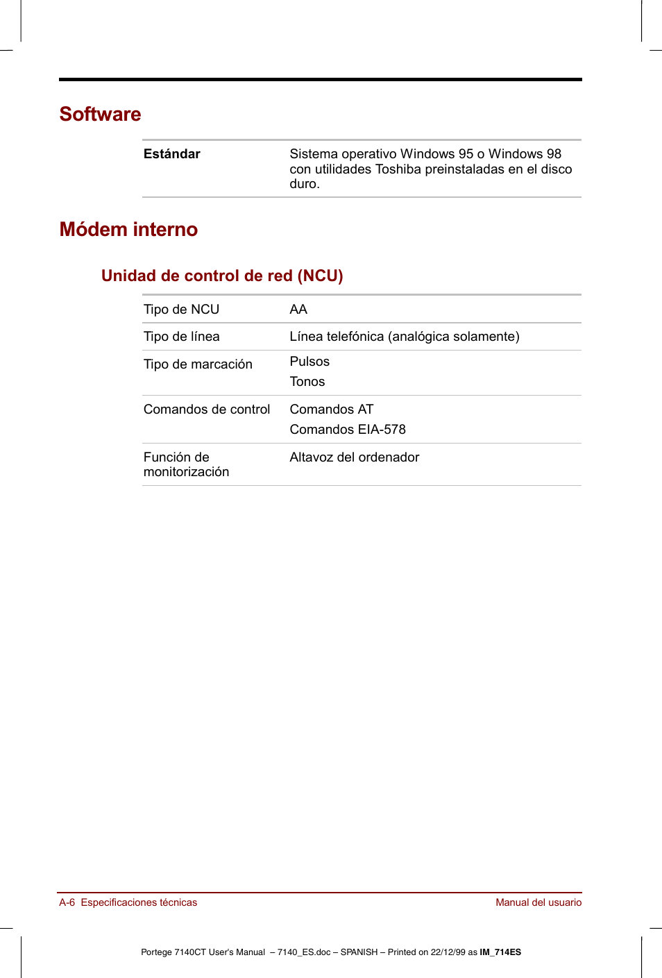 Software, Módem interno, Unidad de control de red (ncu) | Toshiba Portege 7140 User Manual | Page 154 / 204