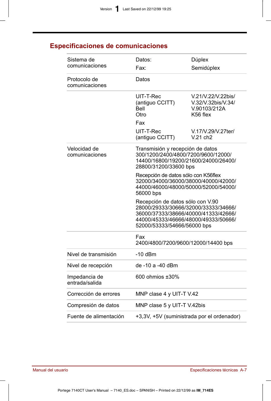 Especificaciones de comunicaciones | Toshiba Portege 7140 User Manual | Page 155 / 204