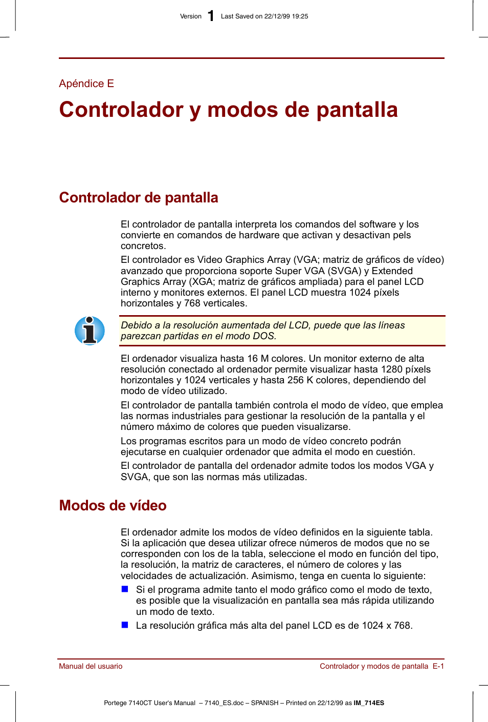 Apéndice e, Controlador y modos de pantalla, Controlador de pantalla | Modos de vídeo | Toshiba Portege 7140 User Manual | Page 171 / 204