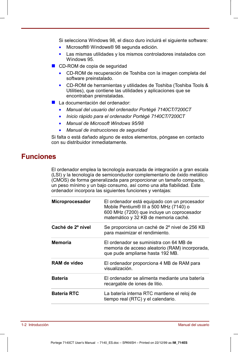 Funciones, Funciones -2 | Toshiba Portege 7140 User Manual | Page 18 / 204