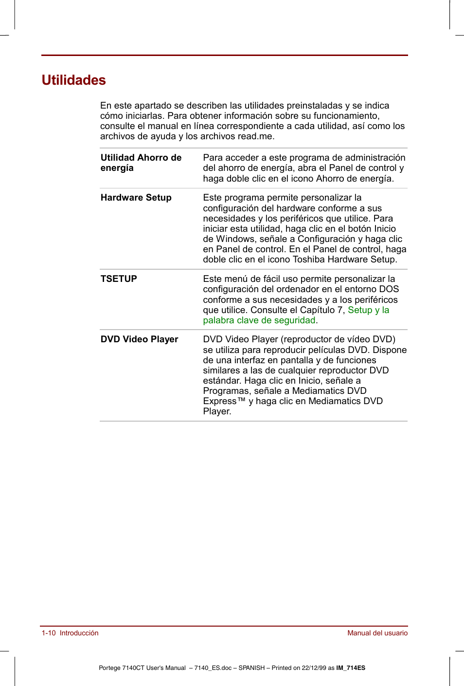 Utilidades, Utilidades -10 | Toshiba Portege 7140 User Manual | Page 26 / 204