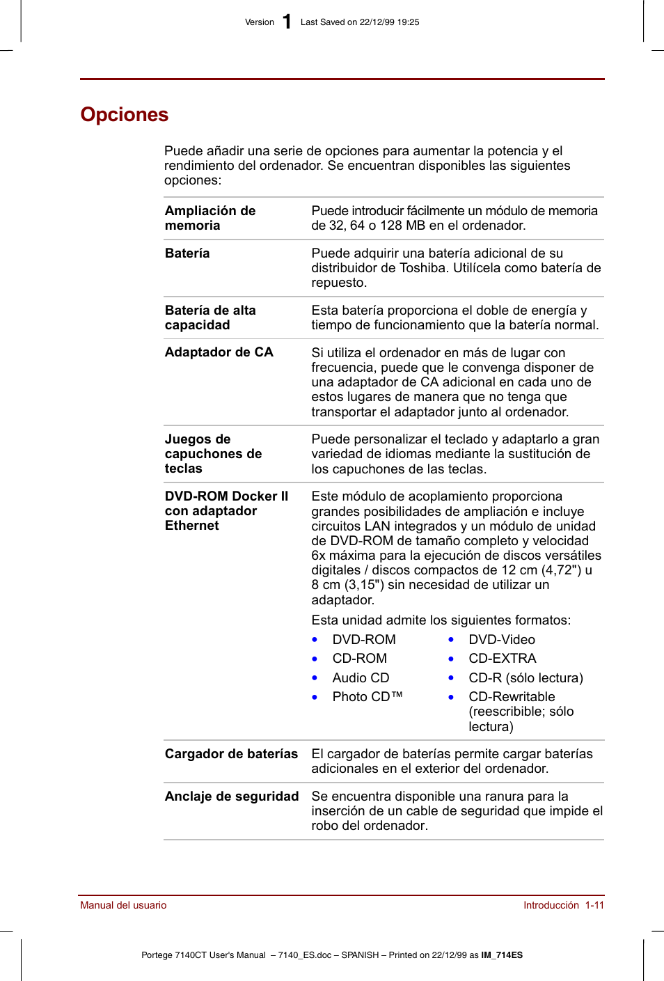 Opciones, Opciones -11 | Toshiba Portege 7140 User Manual | Page 27 / 204