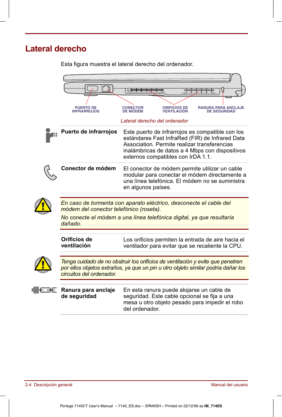 Lateral derecho, Lateral derecho -4 | Toshiba Portege 7140 User Manual | Page 32 / 204