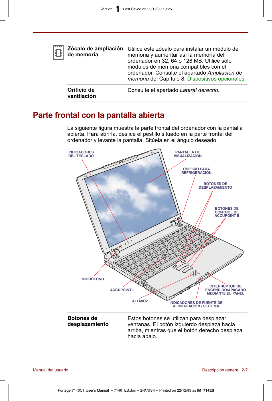 Parte frontal con la pantalla abierta, Parte frontal con la pantalla abierta -7 | Toshiba Portege 7140 User Manual | Page 35 / 204