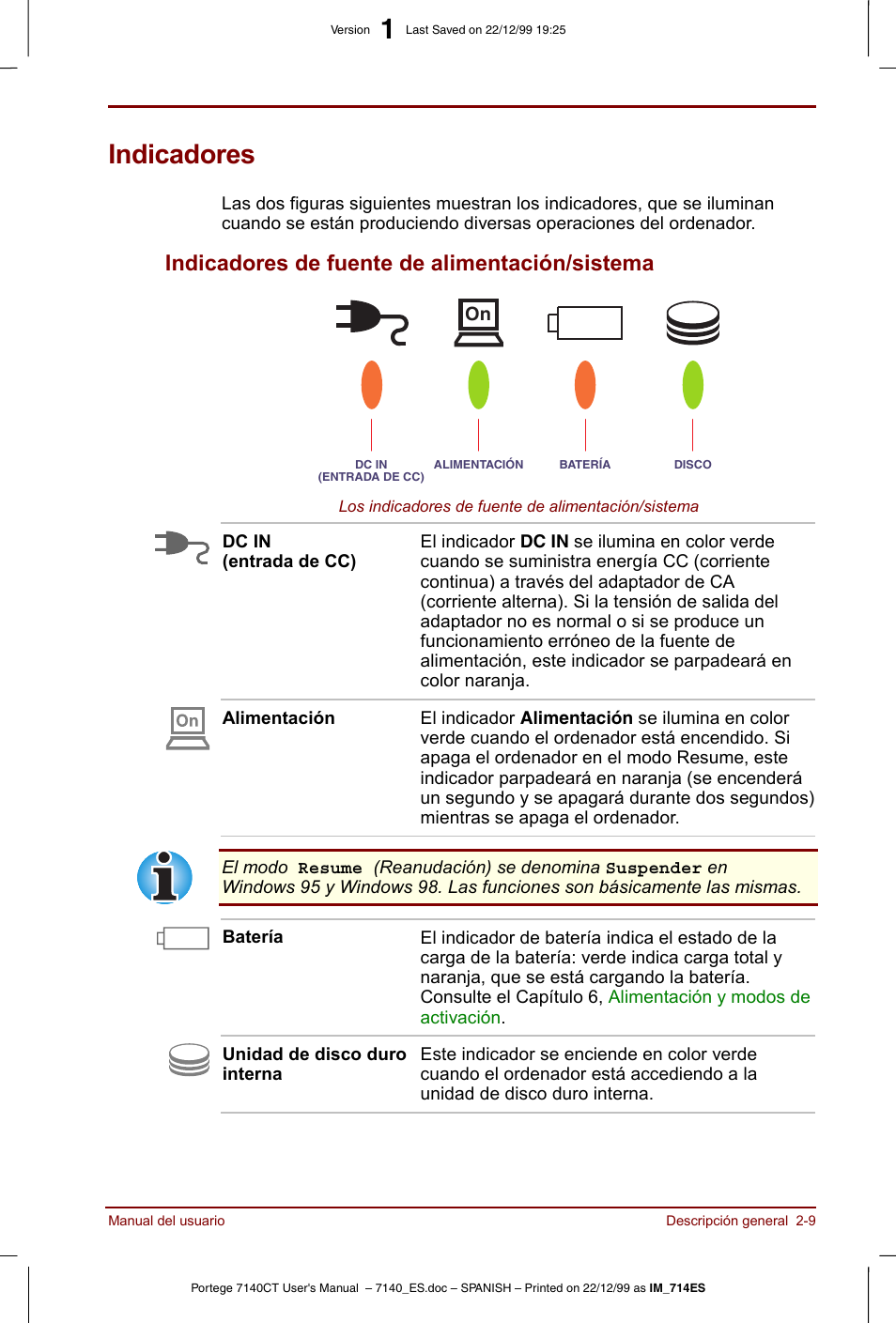 Indicadores, Indicadores -9, Indicadores de fuente de alimentación/sistema -9 | Indicadores de fuente de alimentación/sistema | Toshiba Portege 7140 User Manual | Page 37 / 204