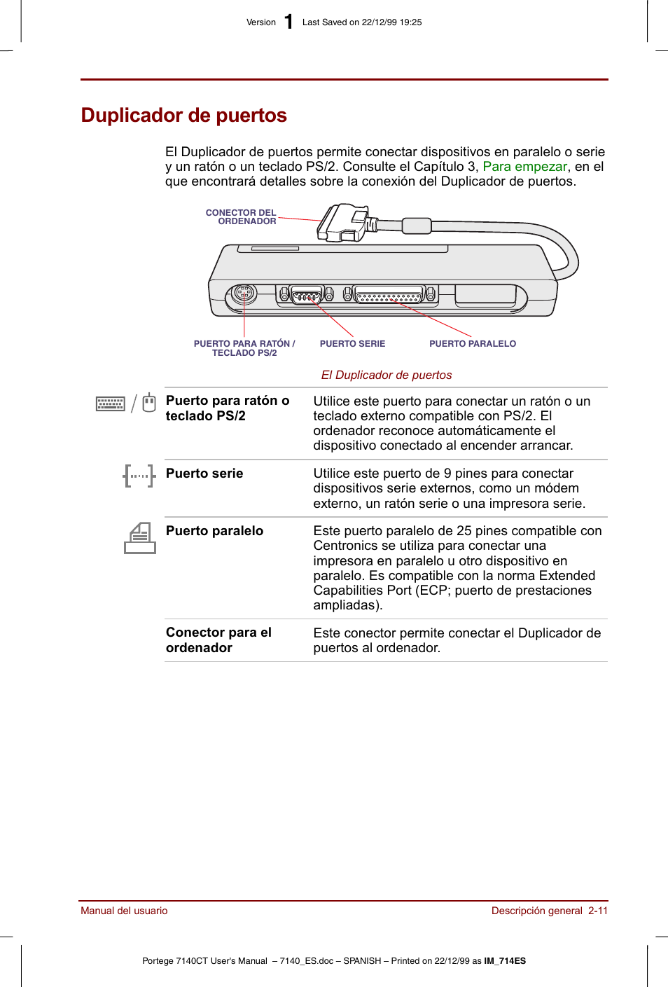 Duplicador de puertos, Duplicador de puertos -11 | Toshiba Portege 7140 User Manual | Page 39 / 204