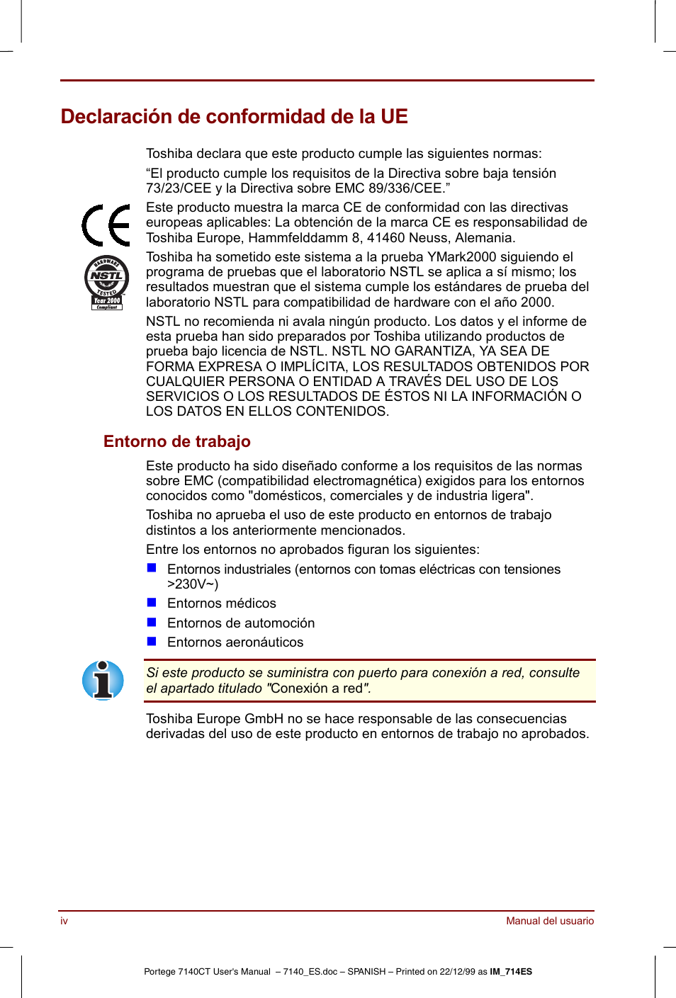 Declaración de conformidad de la ue, Entorno de trabajo | Toshiba Portege 7140 User Manual | Page 4 / 204
