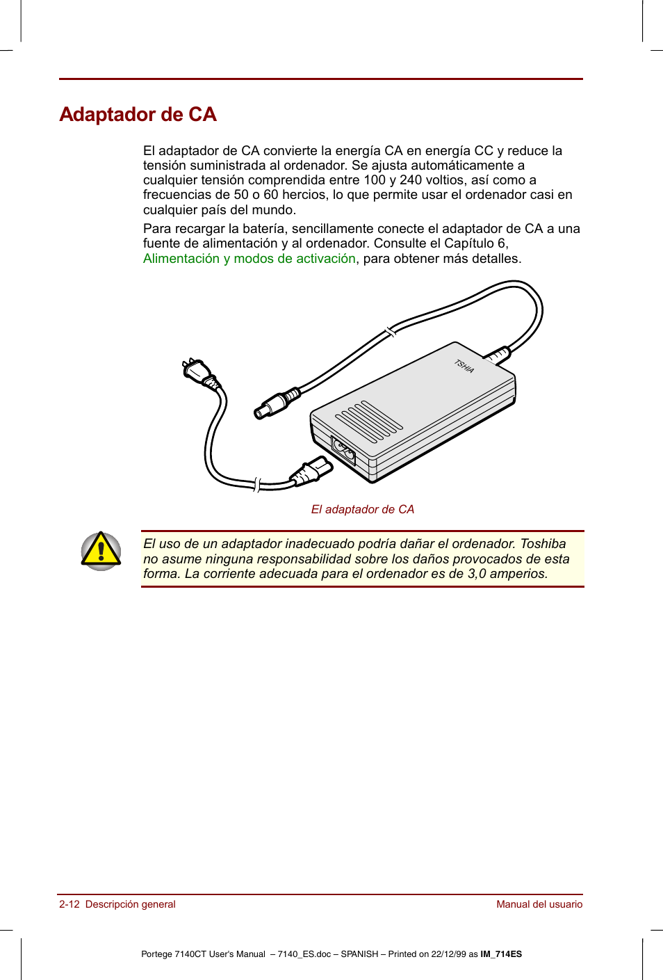 Adaptador de ca, Adaptador de ca -12 | Toshiba Portege 7140 User Manual | Page 40 / 204