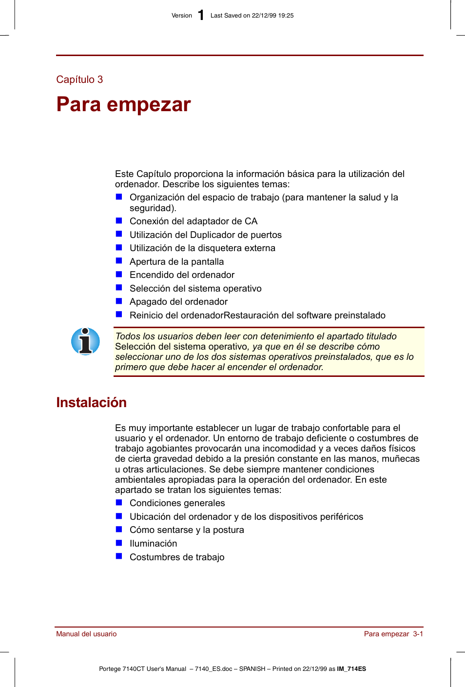 Capítulo 3, Para empezar, Instalación | Capítulo 3 para empezar, Instalación -1, Proporciona una descripción rápida de, Apítulo 3, Para, Empezar, Para obtener más información. se | Toshiba Portege 7140 User Manual | Page 43 / 204